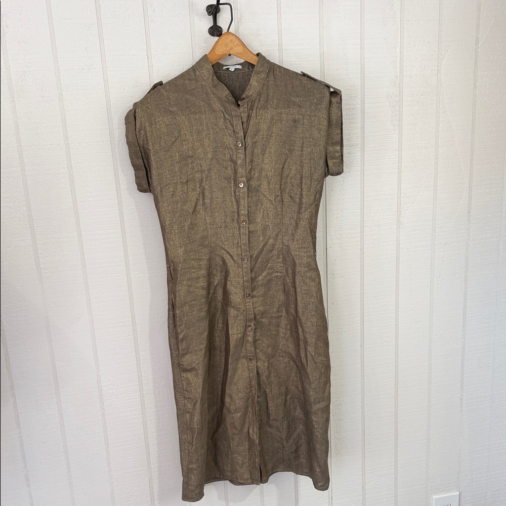 Sophisticated gold metallic linen Button-Up Midi Dress